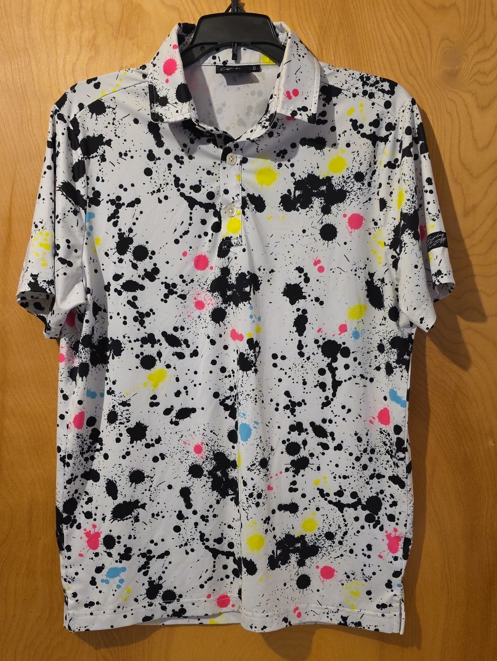 Sunday Swagger Men's Splatter Golf Polo Shirt with Neon Accents Size S